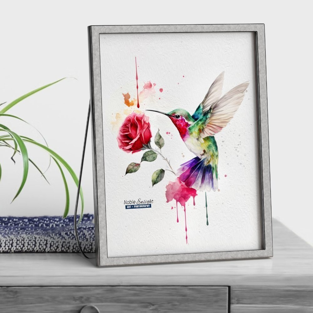 Hummingbird Rose Watercolor Oil Painting Art Print - Picture 2 of 6